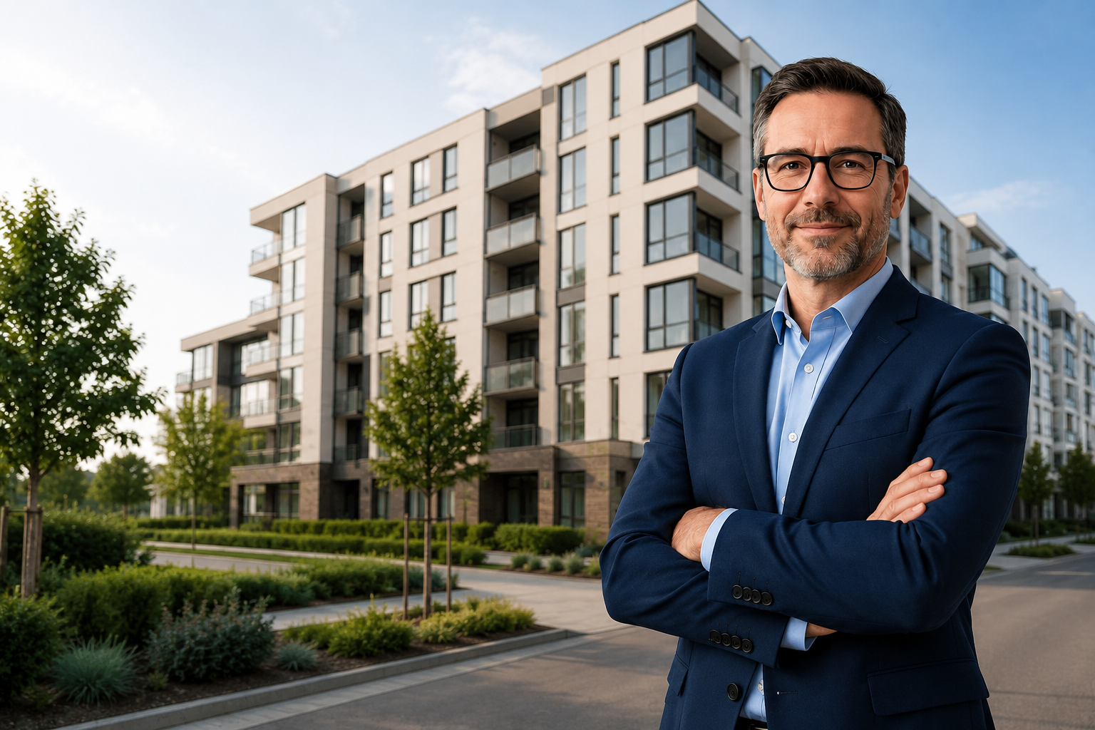 Professional property owner representative in front of a modern residence