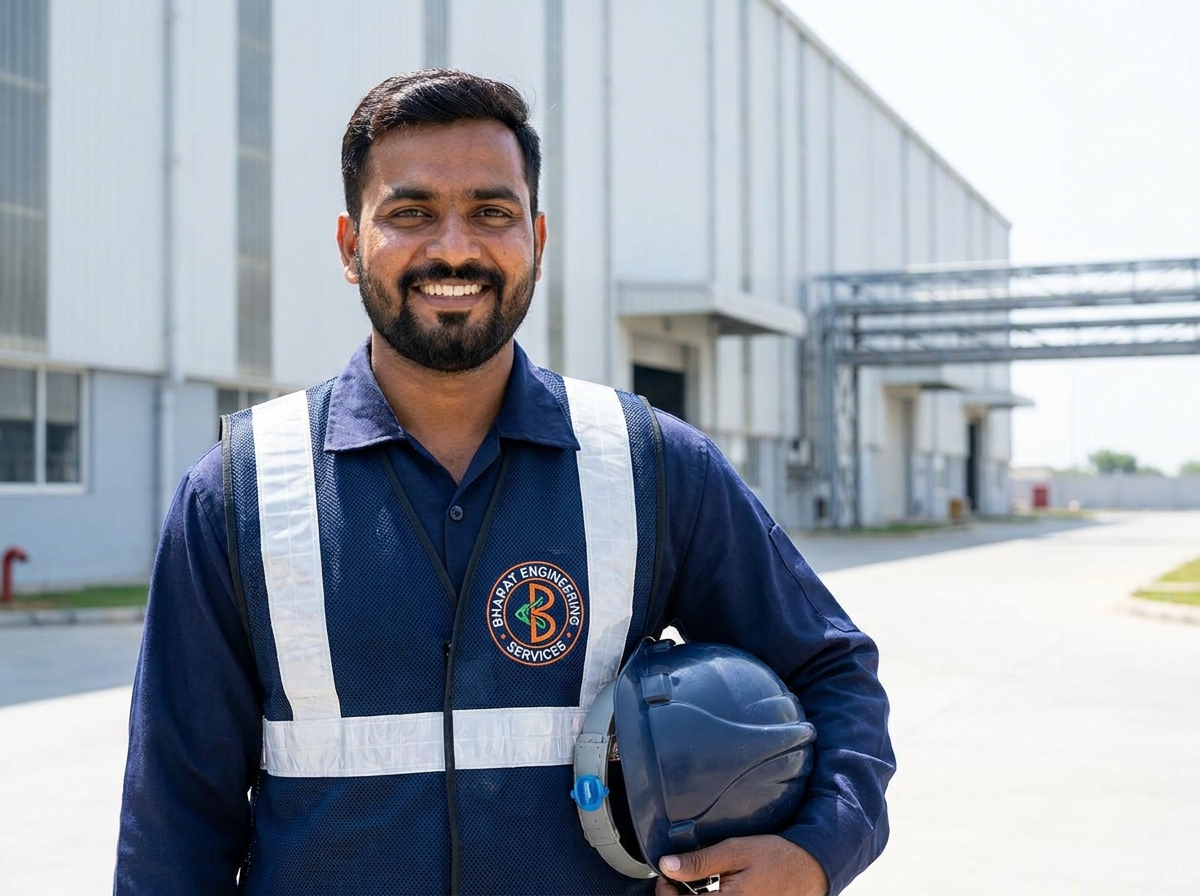 Professional workforce support representative in front of an industrial property